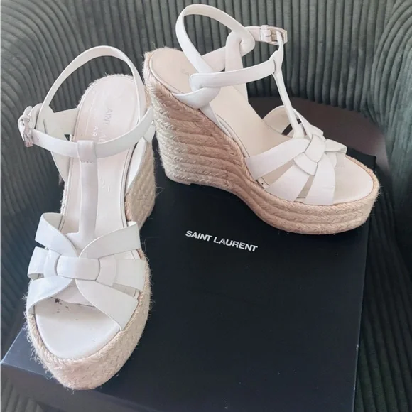 Saint Laurent Cream Woven Platform Sandals - Picture 2 of 5